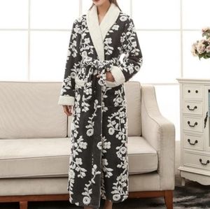 Plush bathrobe. Charcoal grey with white floral design. Pockets and robe tie.